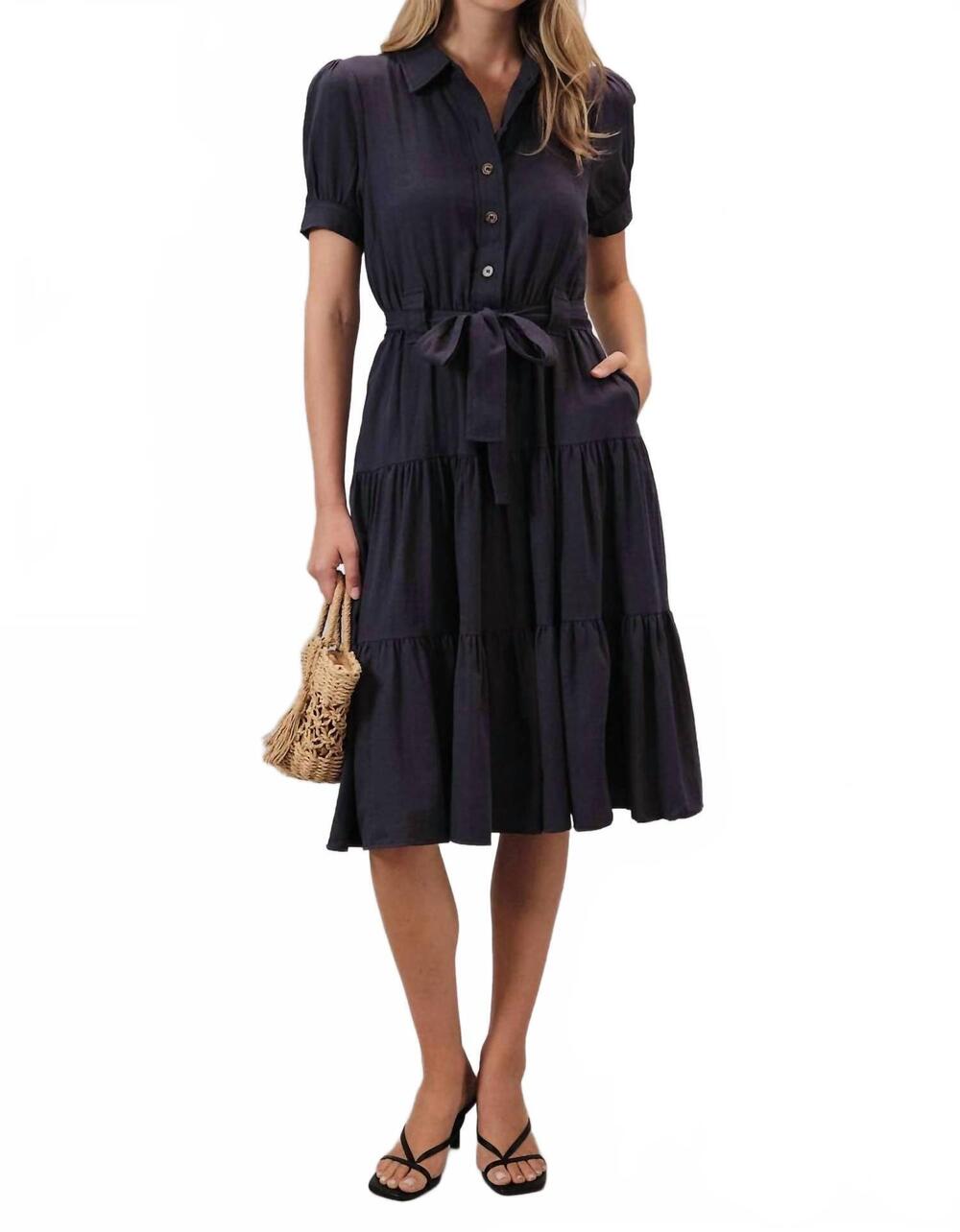 NEW SUNDAY EDITION short sleeve button down belted tiered midi dress in navy